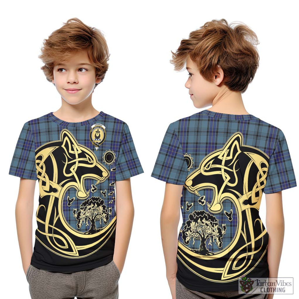 Hannay Blue Tartan Kid T-Shirt with Family Crest Celtic Wolf Style Youth XL Size14 - Tartan Vibes Clothing