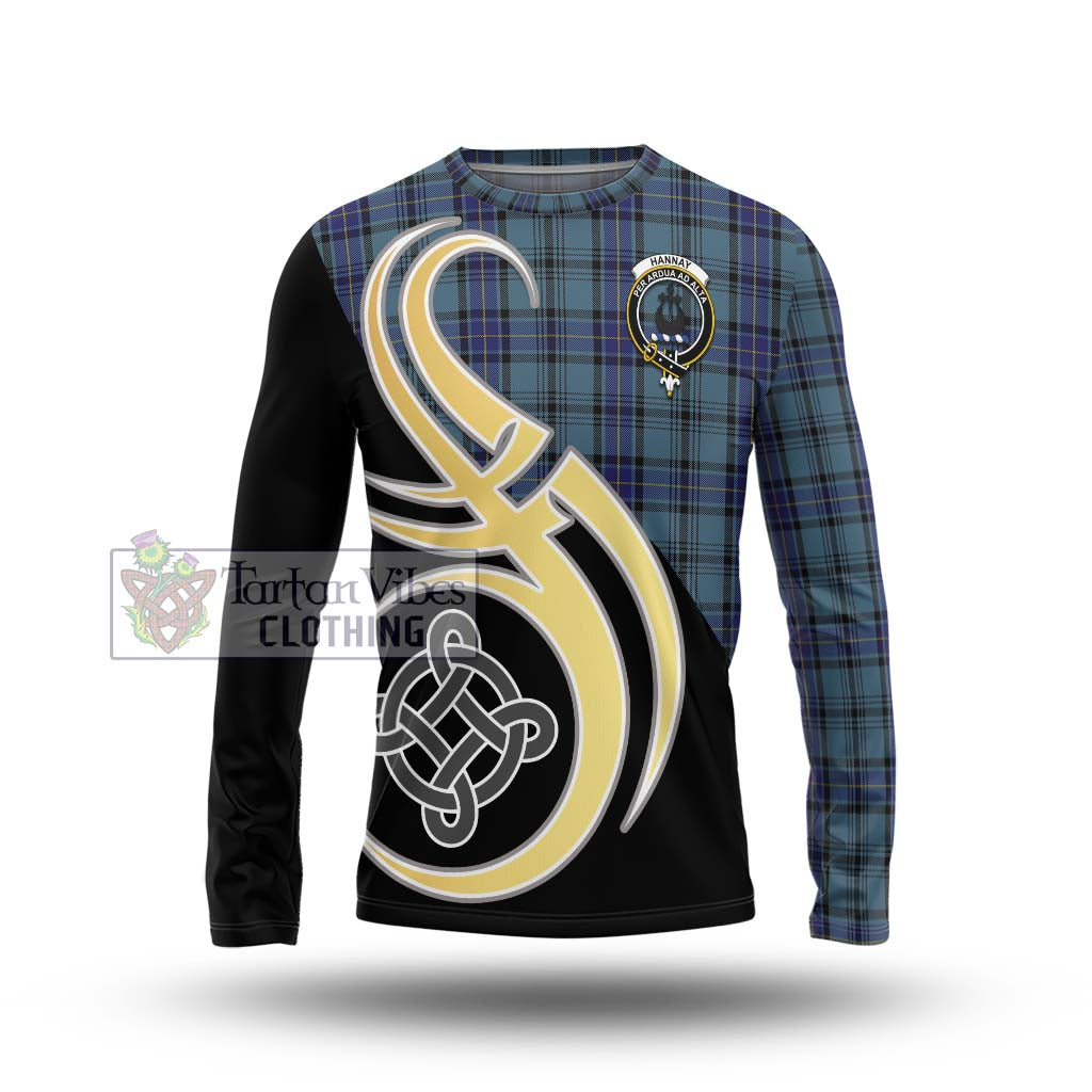 Hannay Blue Tartan Long Sleeve T-Shirt with Family Crest and Celtic Symbol Style Unisex - Tartan Vibes Clothing