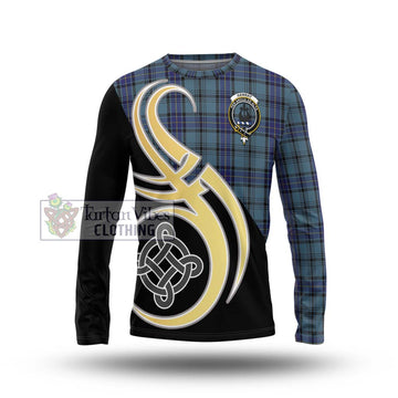 Hannay Blue Tartan Long Sleeve T-Shirt with Family Crest and Celtic Symbol Style