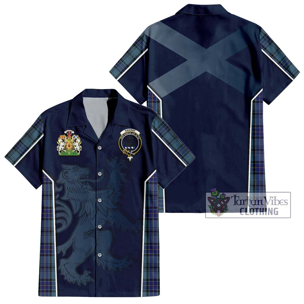 Hannay Blue Tartan Short Sleeve Button Shirt with Family Crest and Lion Rampant Vibes Sport Style Kid - Tartan Vibes Clothing