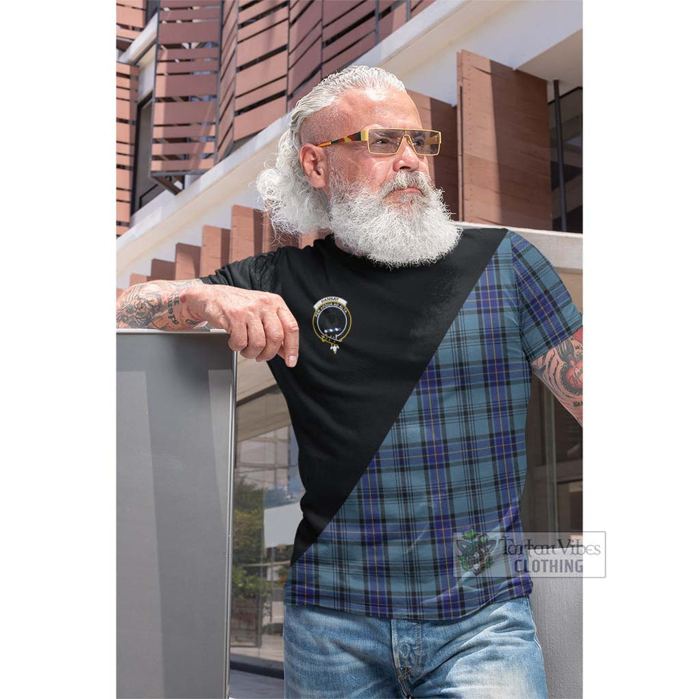 Tartan Vibes Clothing Hannay Blue Tartan Cotton T-shirt with Family Crest and Military Logo Style