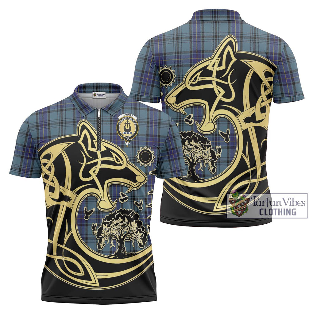 Hannay Blue Tartan Zipper Polo Shirt with Family Crest Celtic Wolf Style Unisex - Tartanvibesclothing Shop