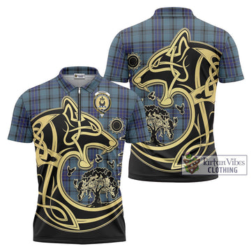 Hannay Blue Tartan Zipper Polo Shirt with Family Crest Celtic Wolf Style