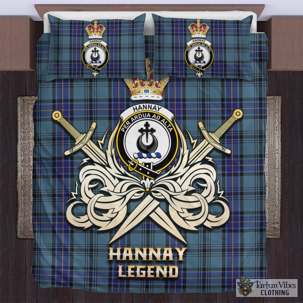 Tartan Vibes Clothing Hannay Blue Tartan Bedding Set with Clan Crest and the Golden Sword of Courageous Legacy