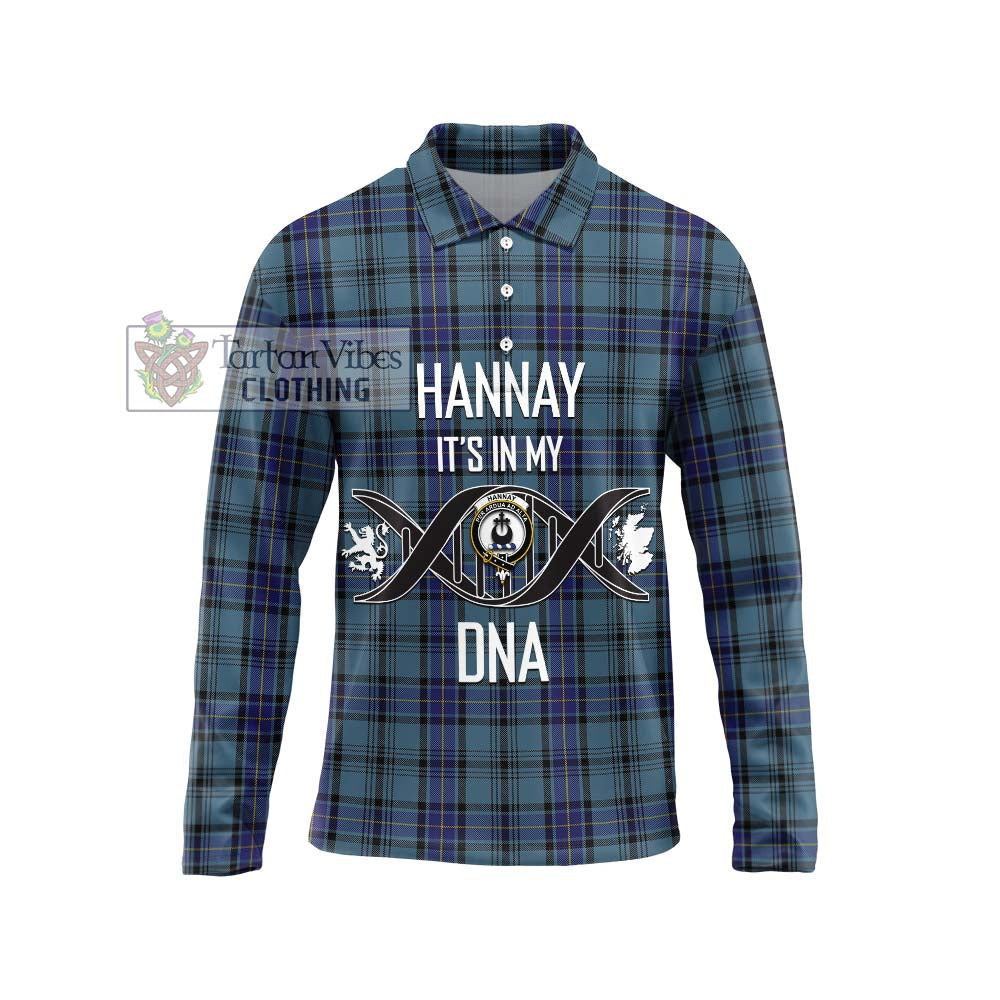 Hannay Blue Tartan Long Sleeve Polo Shirt with Family Crest DNA In Me Style Unisex - Tartanvibesclothing Shop