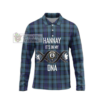 Hannay Blue Tartan Long Sleeve Polo Shirt with Family Crest DNA In Me Style