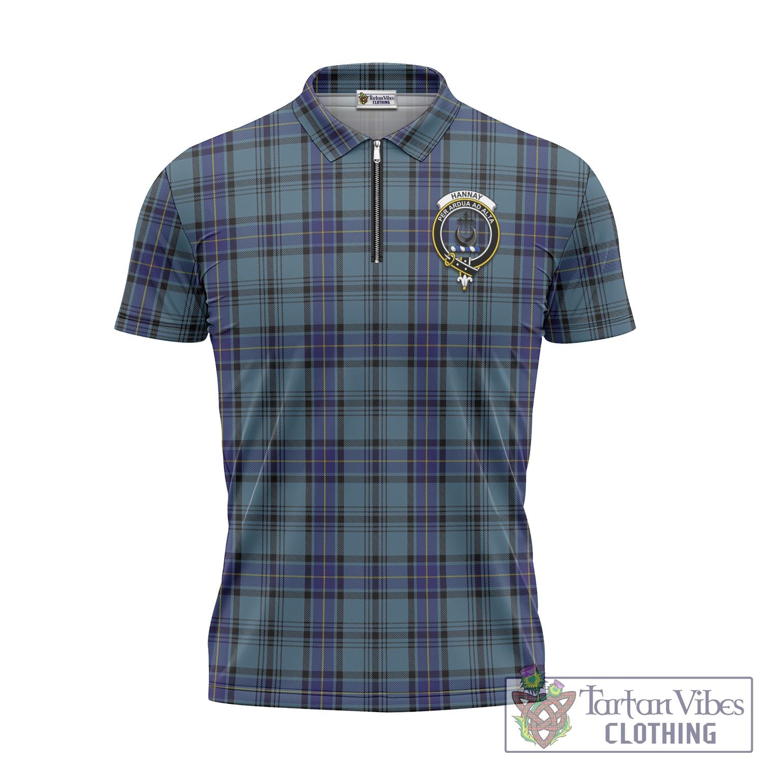 Tartan Vibes Clothing Hannay Blue Tartan Zipper Polo Shirt with Family Crest