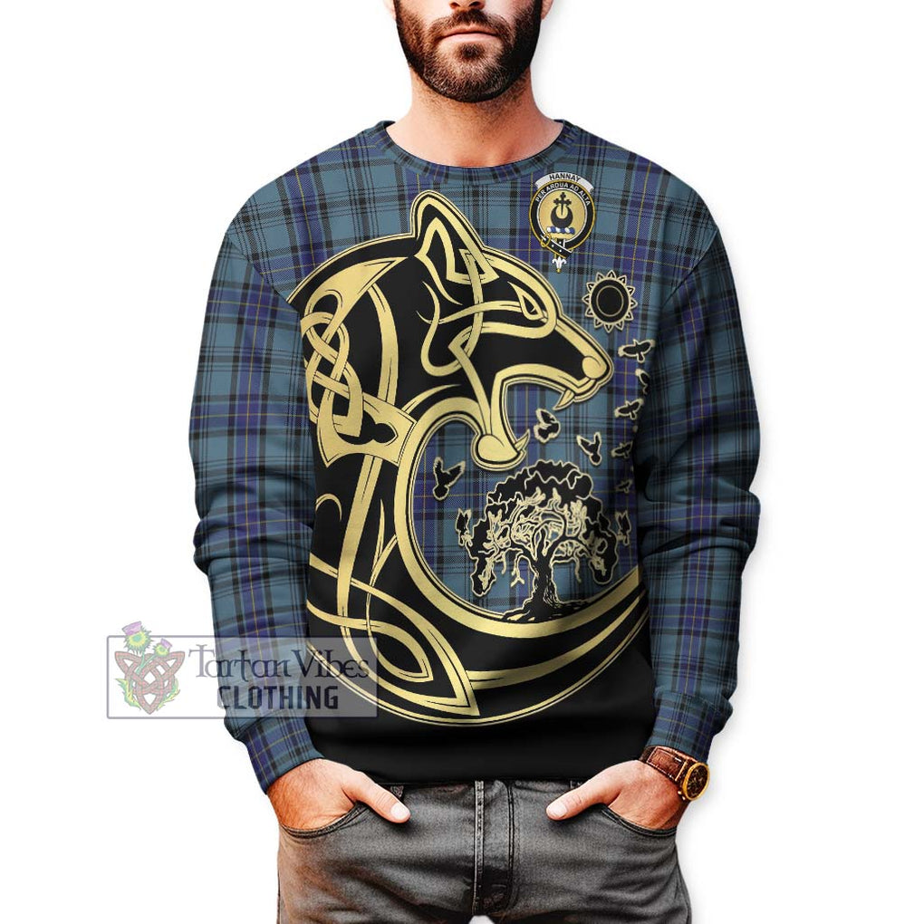 Hannay Blue Tartan Sweatshirt with Family Crest Celtic Wolf Style Unisex - Tartan Vibes Clothing