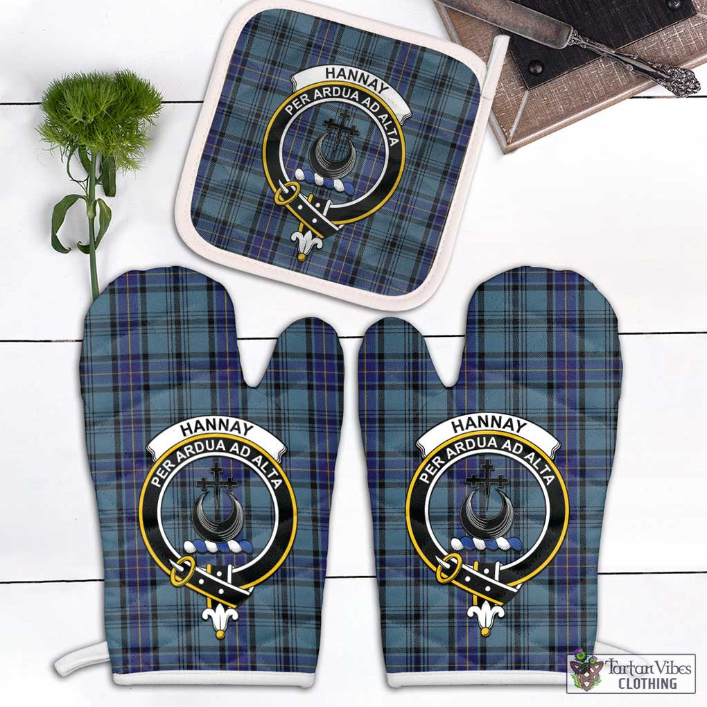 Hannay Blue Tartan Combo Oven Mitt & Pot-Holder with Family Crest Combo 1 Oven Mitt & 1 Pot-Holder White - Tartan Vibes Clothing