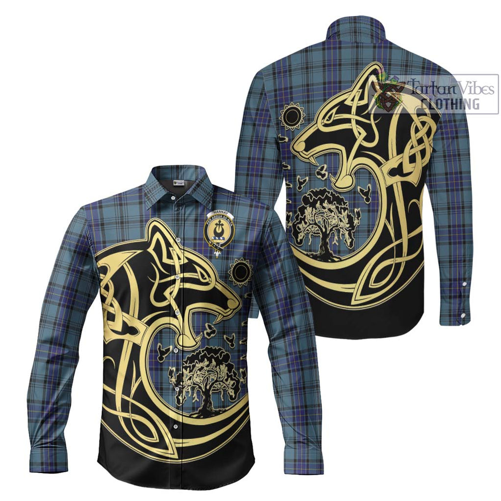 Hannay Blue Tartan Long Sleeve Button Shirt with Family Crest Celtic Wolf Style Men's Shirt S - Tartan Vibes Clothing