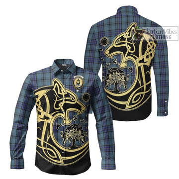 Hannay Blue Tartan Long Sleeve Button Shirt with Family Crest Celtic Wolf Style