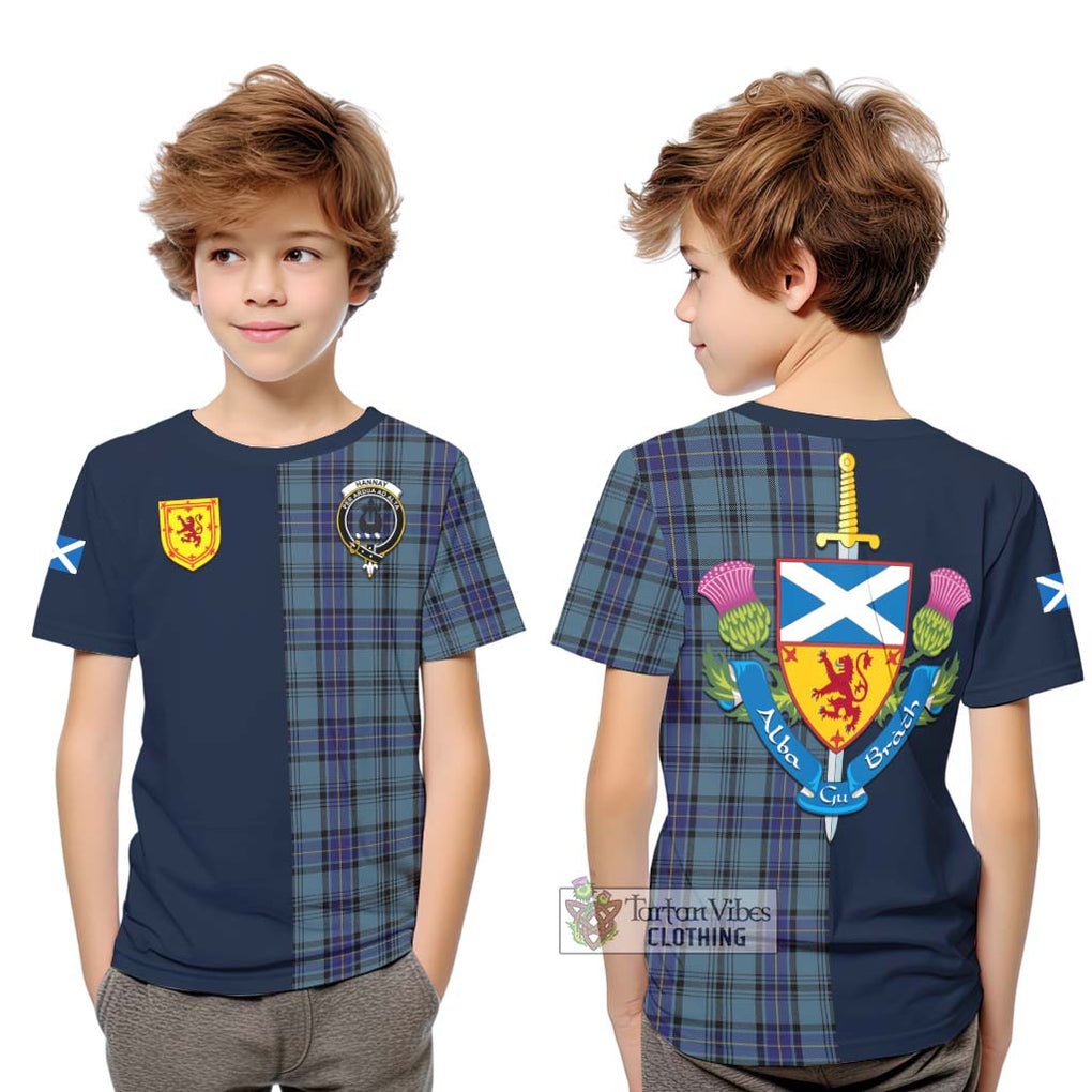 Tartan Vibes Clothing Hannay Blue Tartan Kid T-Shirt with Scottish Lion Royal Arm Half Style