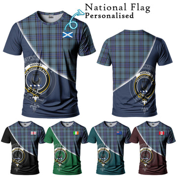 Hannay Blue Tartan T-Shirt with Personalised National Flag and Family Crest Half Style