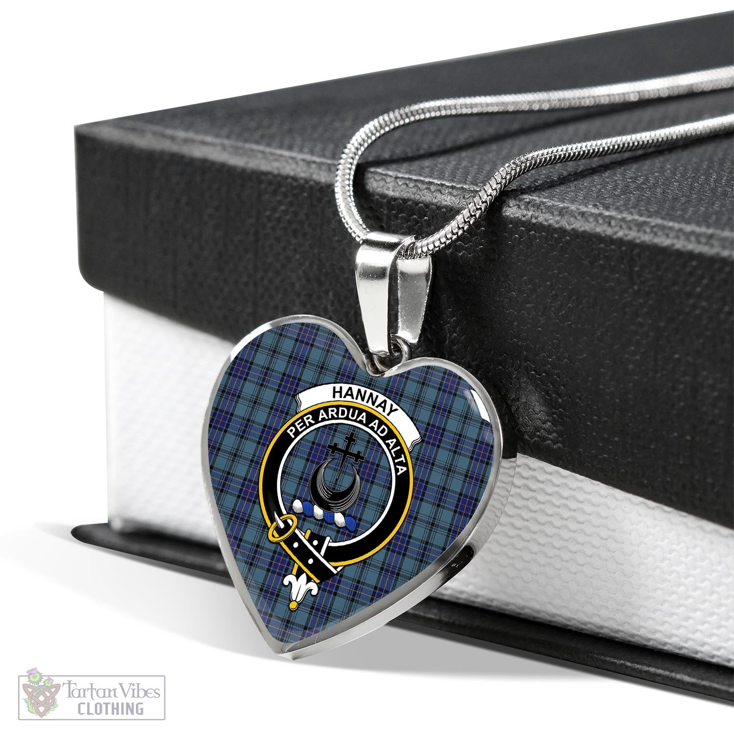 Tartan Vibes Clothing Hannay Blue Tartan Heart Necklace with Family Crest