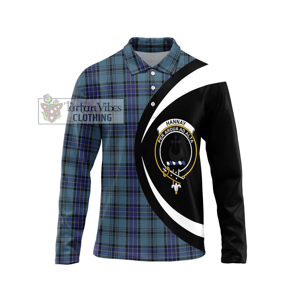 Hannay Blue Tartan Long Sleeve Polo Shirt with Family Crest Circle Style Unisex - Tartan Vibes Clothing