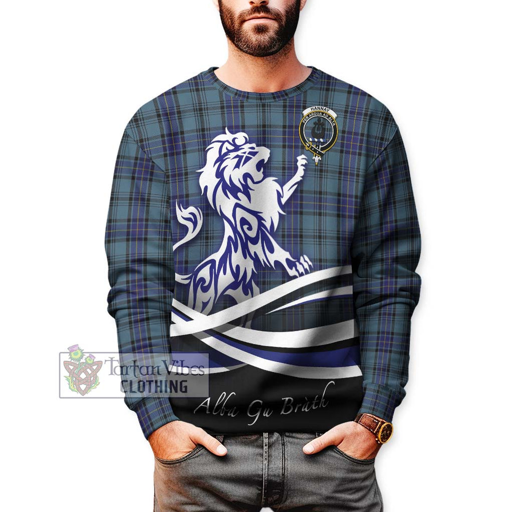 Hannay Blue Tartan Sweatshirt with Alba Gu Brath Regal Lion Emblem Unisex - Tartanvibesclothing Shop