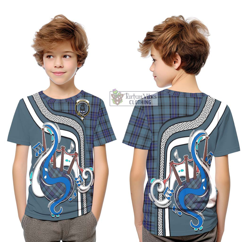 Tartan Vibes Clothing Hannay Blue Tartan Kid T-Shirt with Epic Bagpipe Style