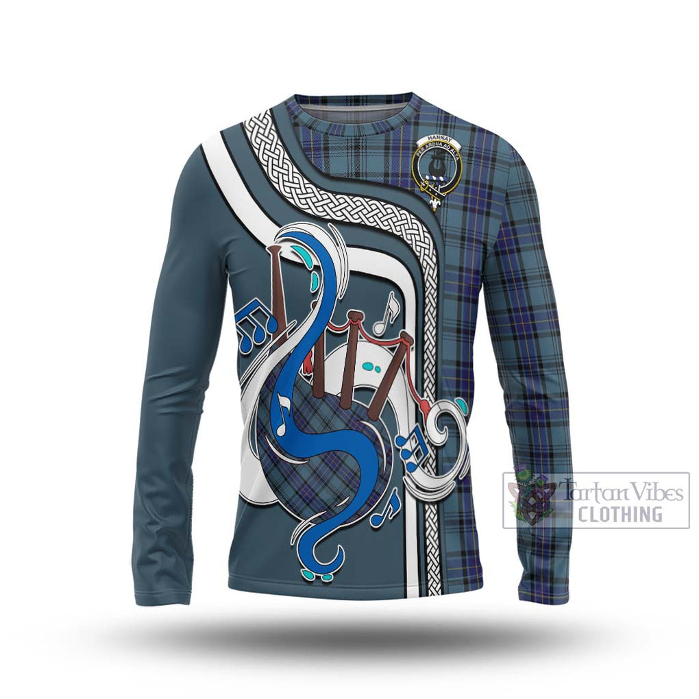 Tartan Vibes Clothing Hannay Blue Tartan Long Sleeve T-Shirt with Epic Bagpipe Style