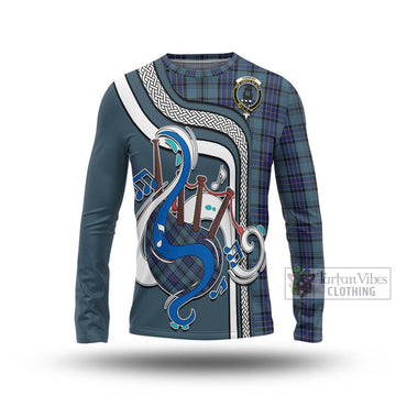 Hannay Blue Tartan Long Sleeve T-Shirt with Epic Bagpipe Style