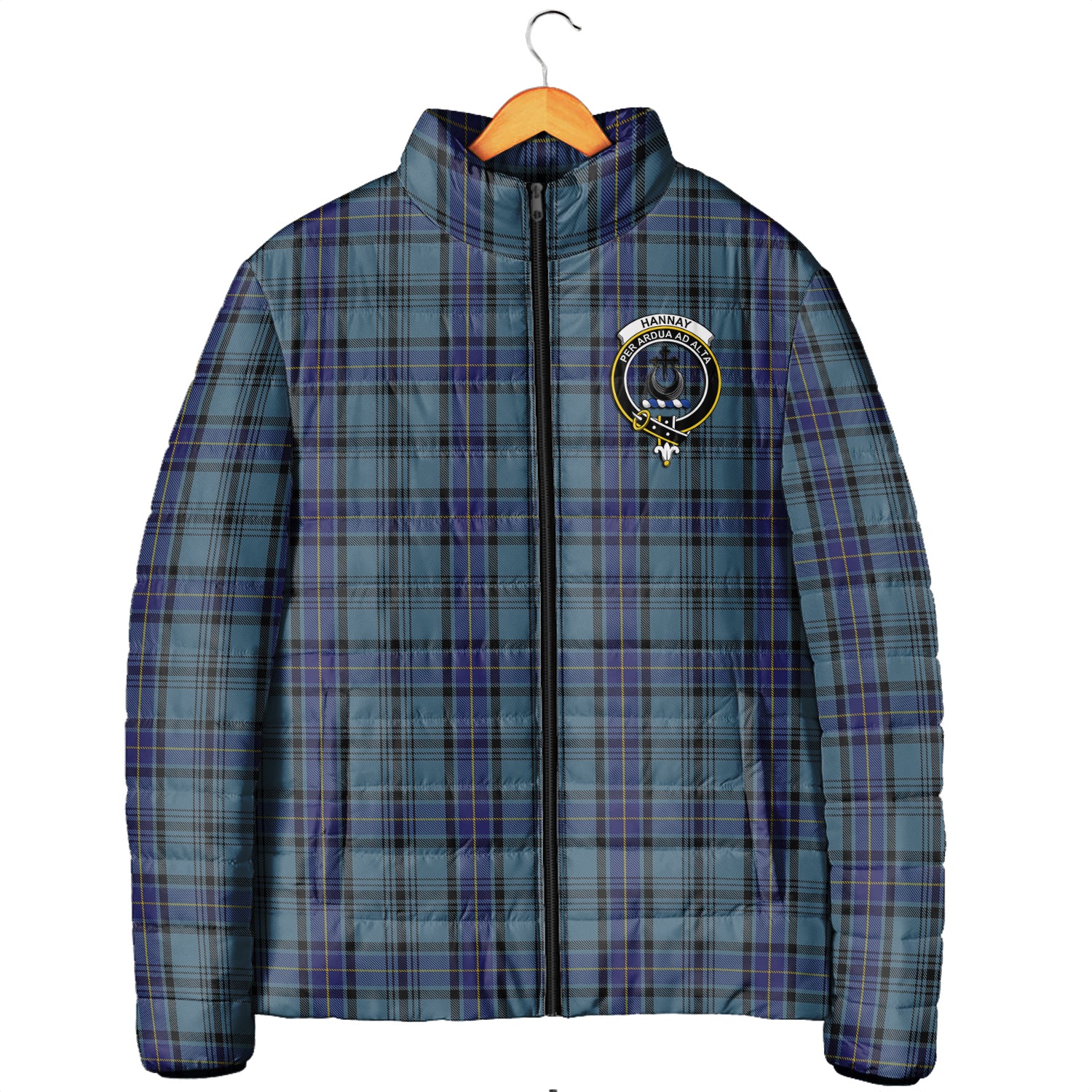 Hannay Blue Tartan Padded Jacket with Family Crest Men's Padded Jacket - Tartan Vibes Clothing