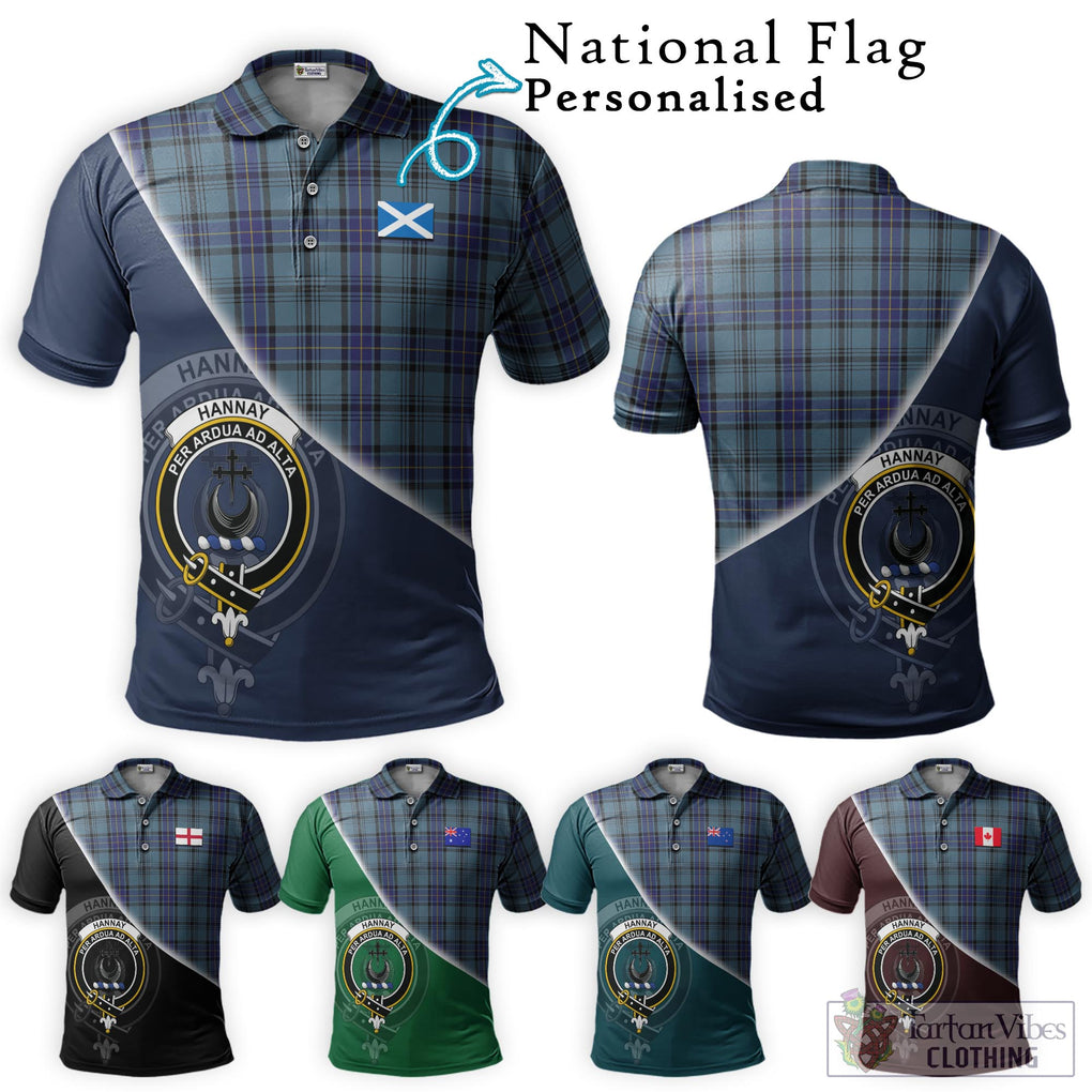 Hannay Blue Tartan Polo Shirt with Personalised National Flag and Family Crest Half Style Maroon - Tartanvibesclothing Shop