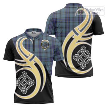 Hannay Blue Tartan Zipper Polo Shirt with Family Crest and Celtic Symbol Style