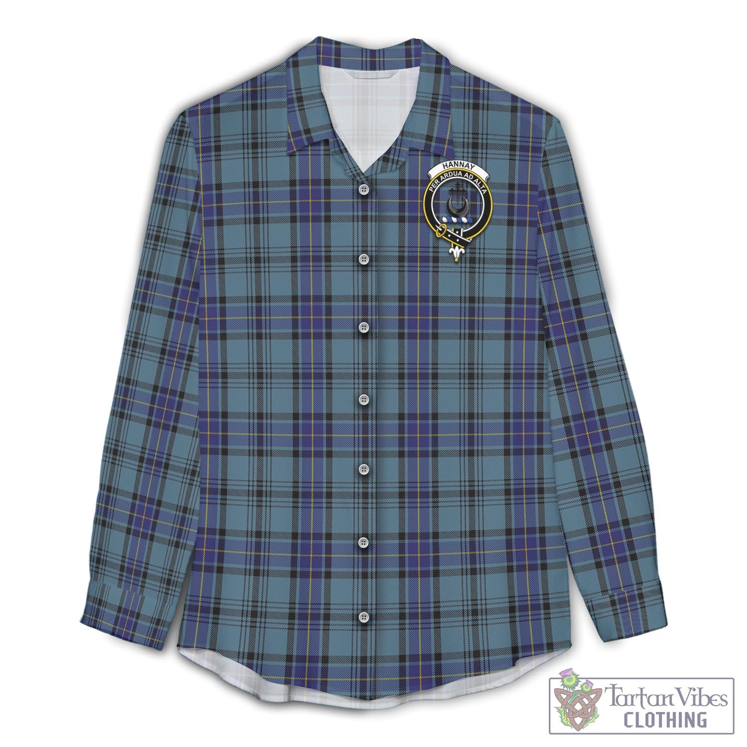 Tartan Vibes Clothing Hannay Blue Tartan Womens Casual Shirt with Family Crest