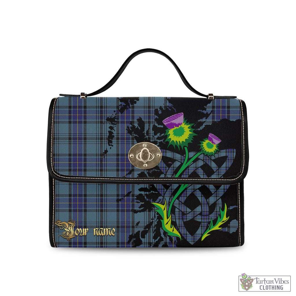 Tartan Vibes Clothing Hannay Blue Tartan Waterproof Canvas Bag with Scotland Map and Thistle Celtic Accents