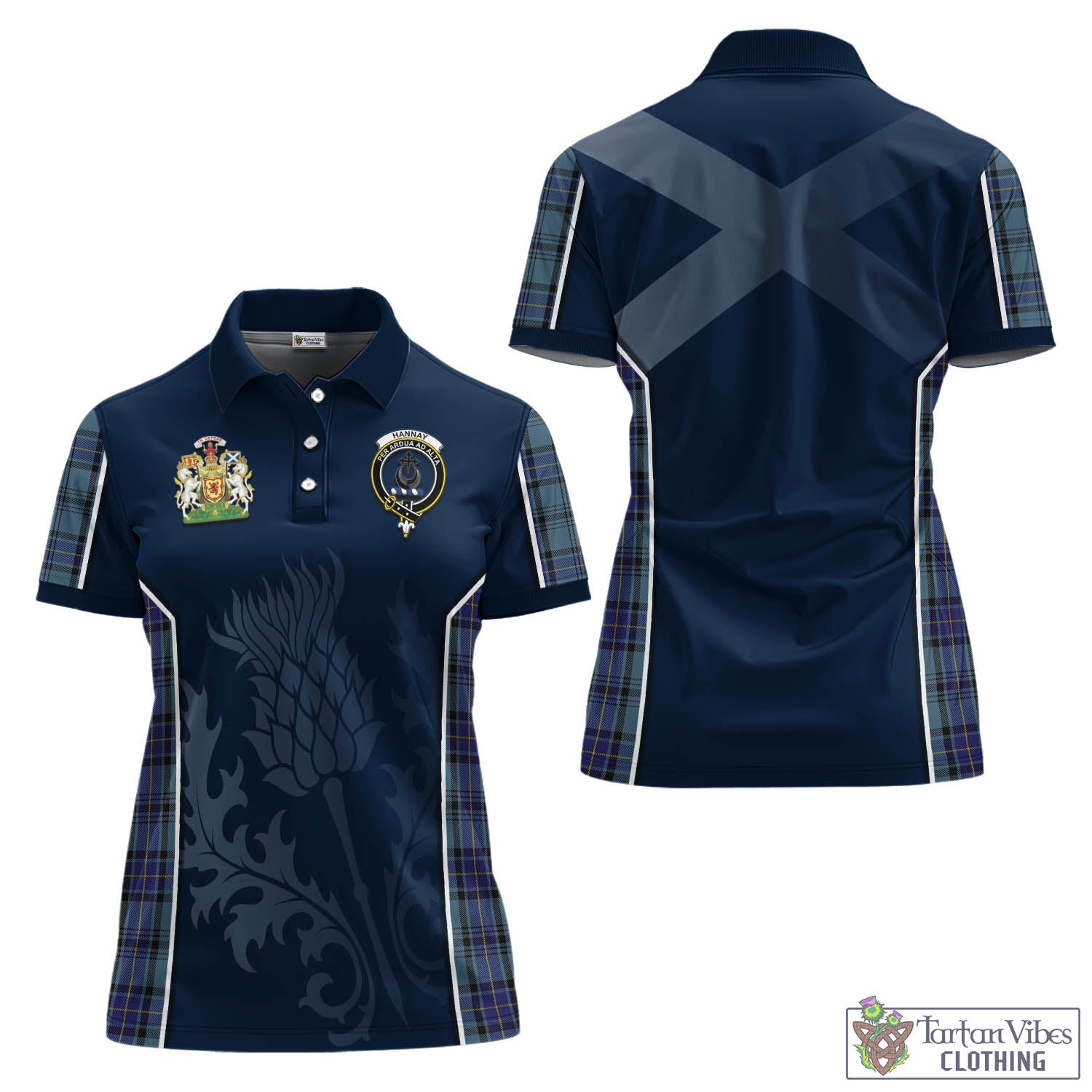 Tartan Vibes Clothing Hannay Blue Tartan Women's Polo Shirt with Family Crest and Scottish Thistle Vibes Sport Style