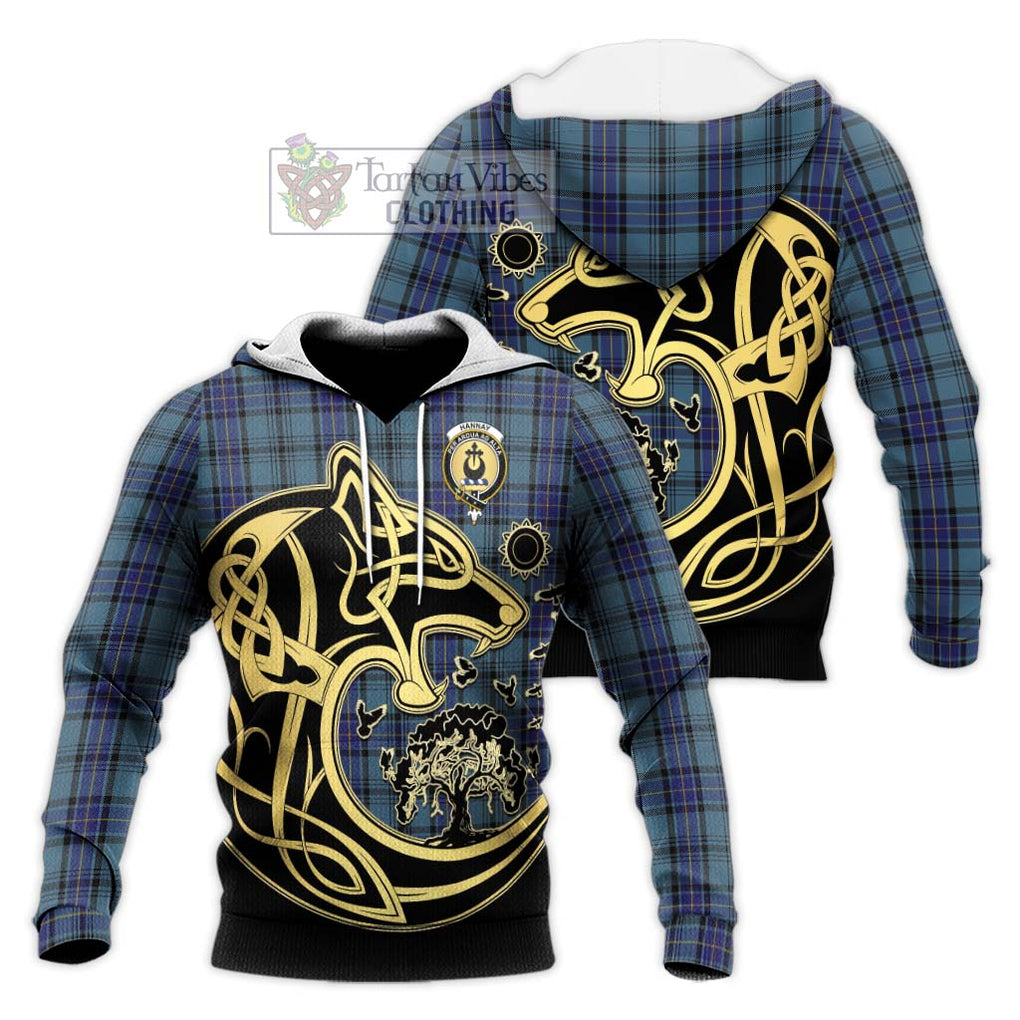 Hannay Blue Tartan Knitted Hoodie with Family Crest Celtic Wolf Style Unisex Knitted Pullover Hoodie - Tartan Vibes Clothing