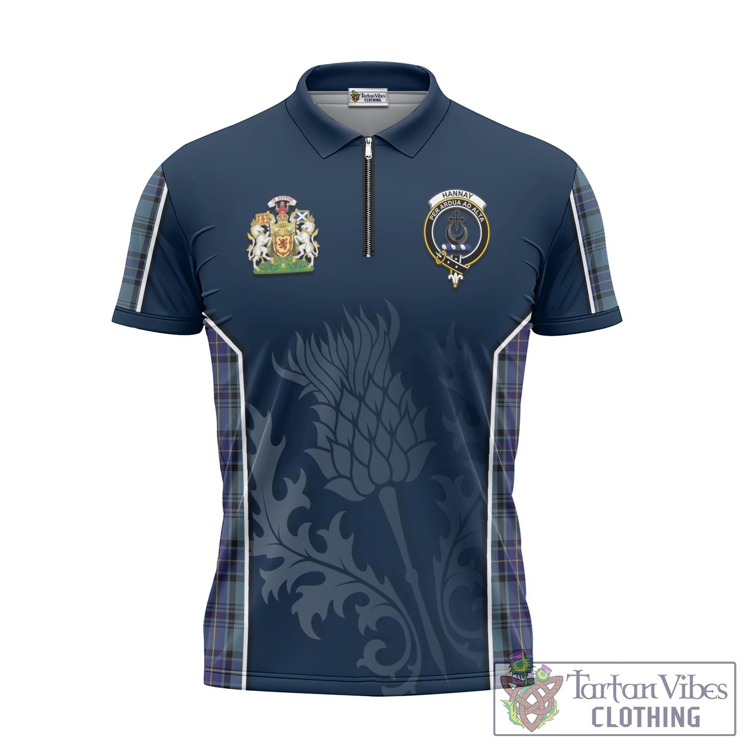 Tartan Vibes Clothing Hannay Blue Tartan Zipper Polo Shirt with Family Crest and Scottish Thistle Vibes Sport Style