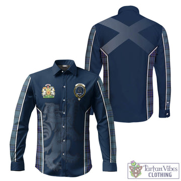 Hannay Blue Tartan Long Sleeve Button Up Shirt with Family Crest and Lion Rampant Vibes Sport Style