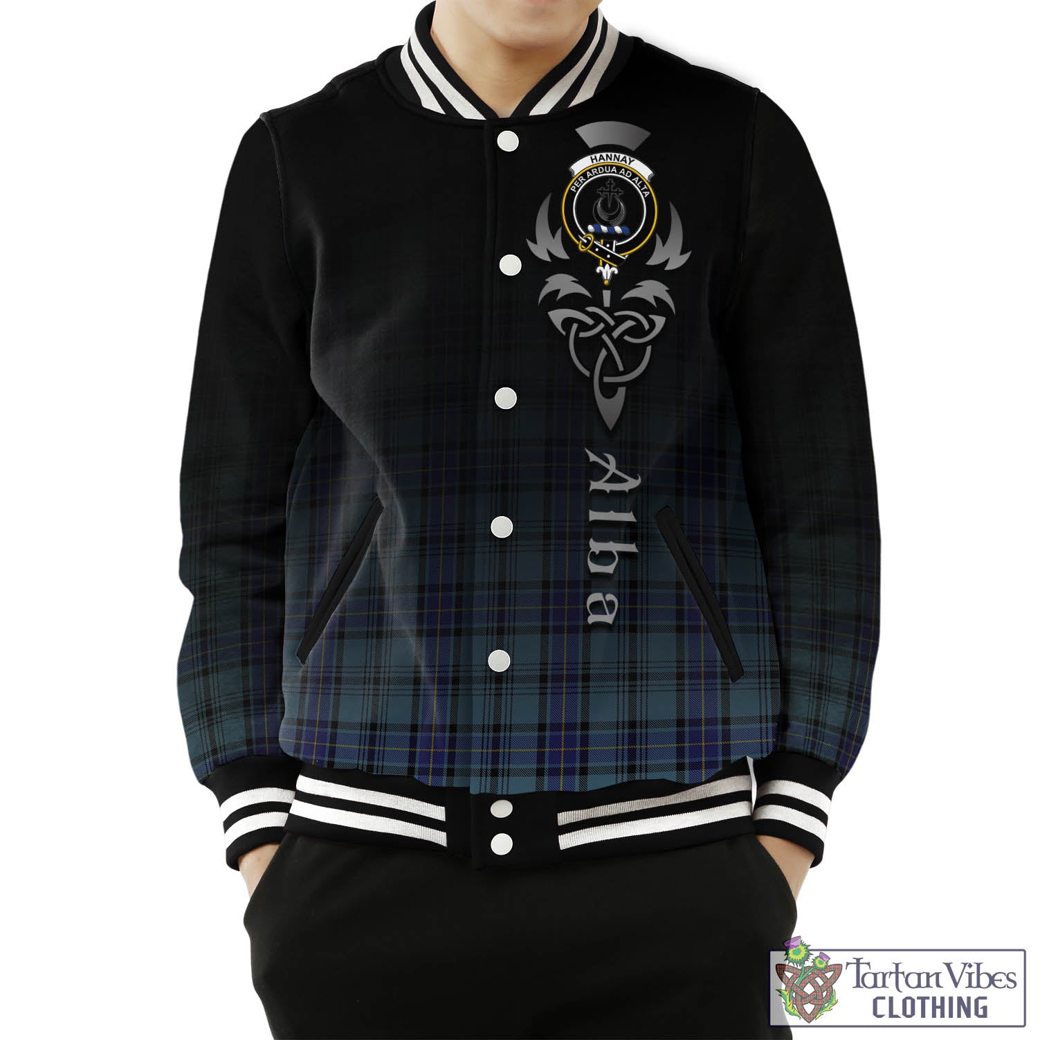 Tartan Vibes Clothing Hannay Blue Tartan Baseball Jacket Featuring Alba Gu Brath Family Crest Celtic Inspired