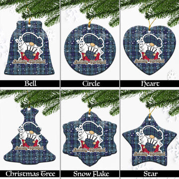 Hannay Blue Tartan Christmas Ceramic Ornaments with Scottish Gnome Playing Bagpipes