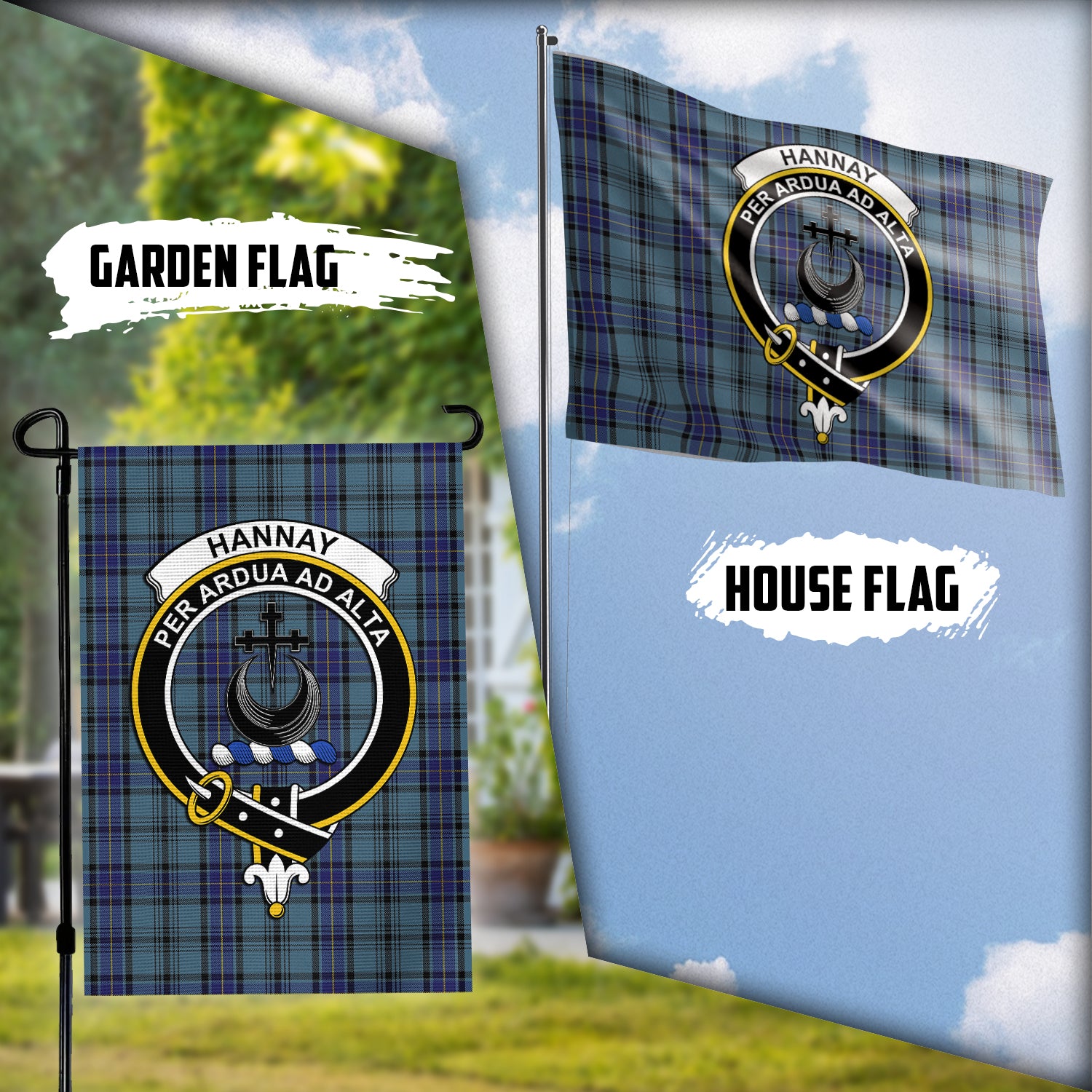 Hannay Blue Tartan Flag with Family Crest Garden Flag (Vertical) - Tartan Vibes Clothing