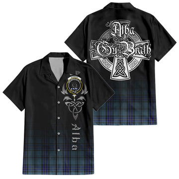 Hannay Blue Tartan Short Sleeve Button Up Shirt Featuring Alba Gu Brath Family Crest Celtic Inspired