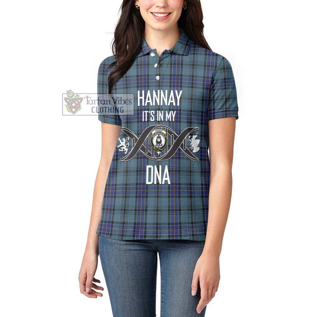 Hannay Blue Tartan Women's Polo Shirt with Family Crest DNA In Me Style Women - Tartanvibesclothing Shop