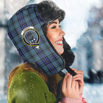 Hannay Blue Tartan Winter Trapper Hat with Family Crest