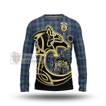 Hannay Blue Tartan Long Sleeve T-Shirt with Family Crest Celtic Wolf Style