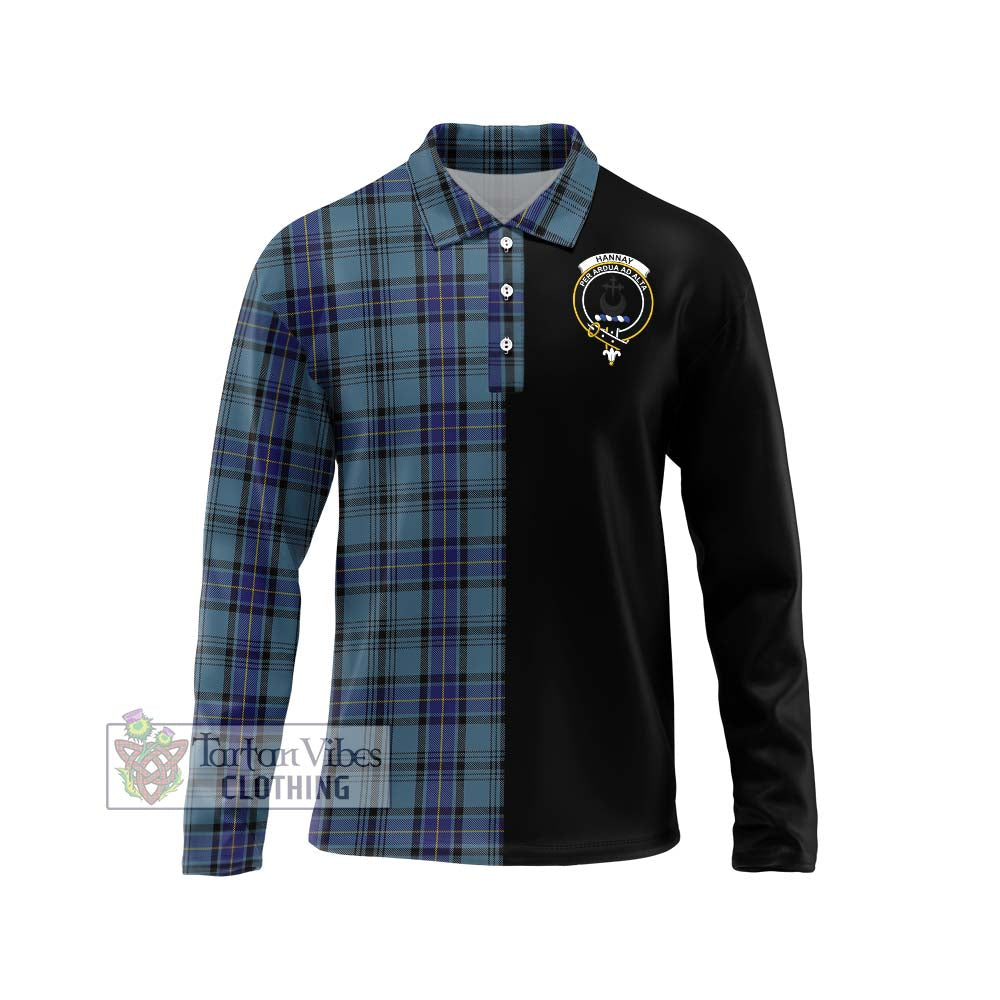 Hannay Blue Tartan Long Sleeve Polo Shirt with Family Crest and Half Of Me Style Unisex - Tartanvibesclothing Shop