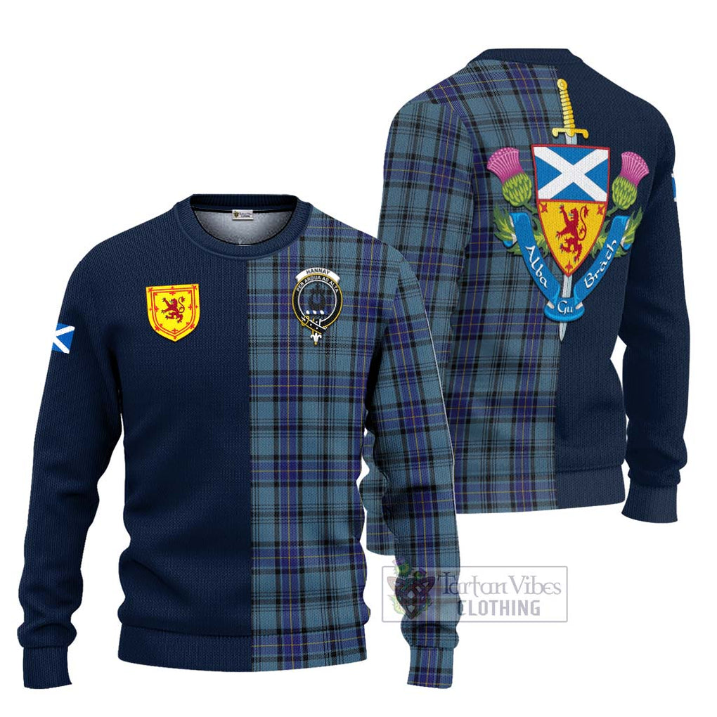 Tartan Vibes Clothing Hannay Blue Tartan Knitted Sweater with Scottish Lion Royal Arm Half Style