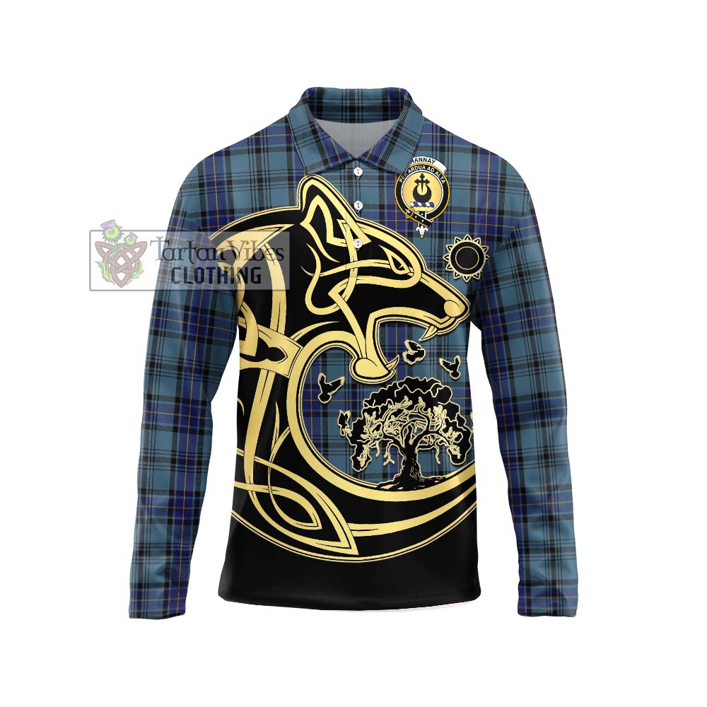 Hannay Blue Tartan Long Sleeve Polo Shirt with Family Crest Celtic Wolf Style Unisex - Tartanvibesclothing Shop