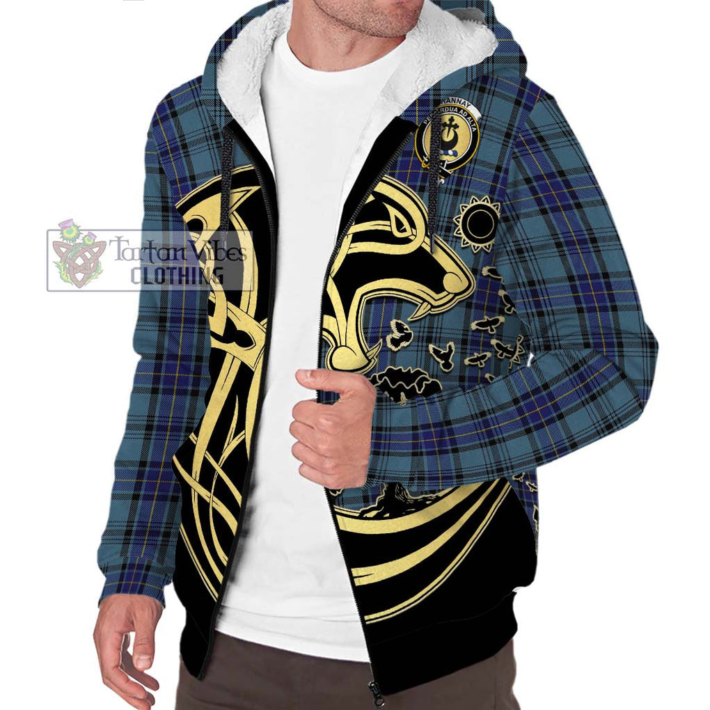 Hannay Blue Tartan Sherpa Hoodie with Family Crest Celtic Wolf Style Unisex S - Tartan Vibes Clothing