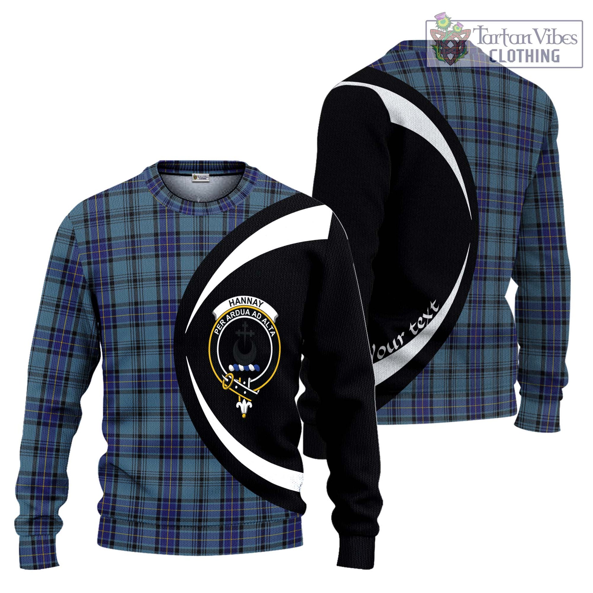 Hannay Blue Tartan Ugly Sweater with Family Crest Circle Style Unisex - Tartan Vibes Clothing