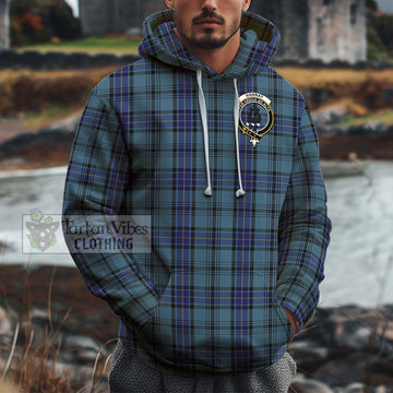 Hannay Blue Tartan Cotton Hoodie with Family Crest