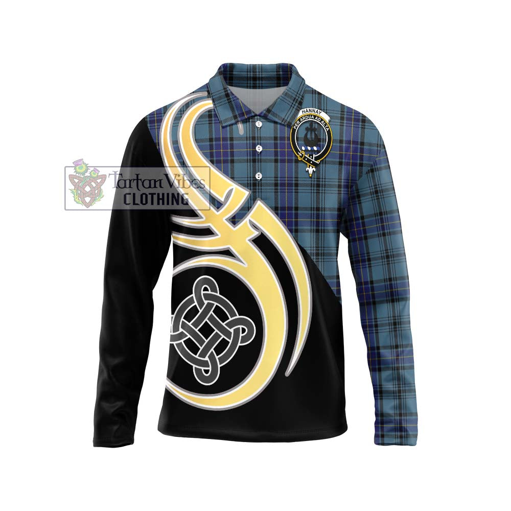 Hannay Blue Tartan Long Sleeve Polo Shirt with Family Crest and Celtic Symbol Style Unisex - Tartan Vibes Clothing