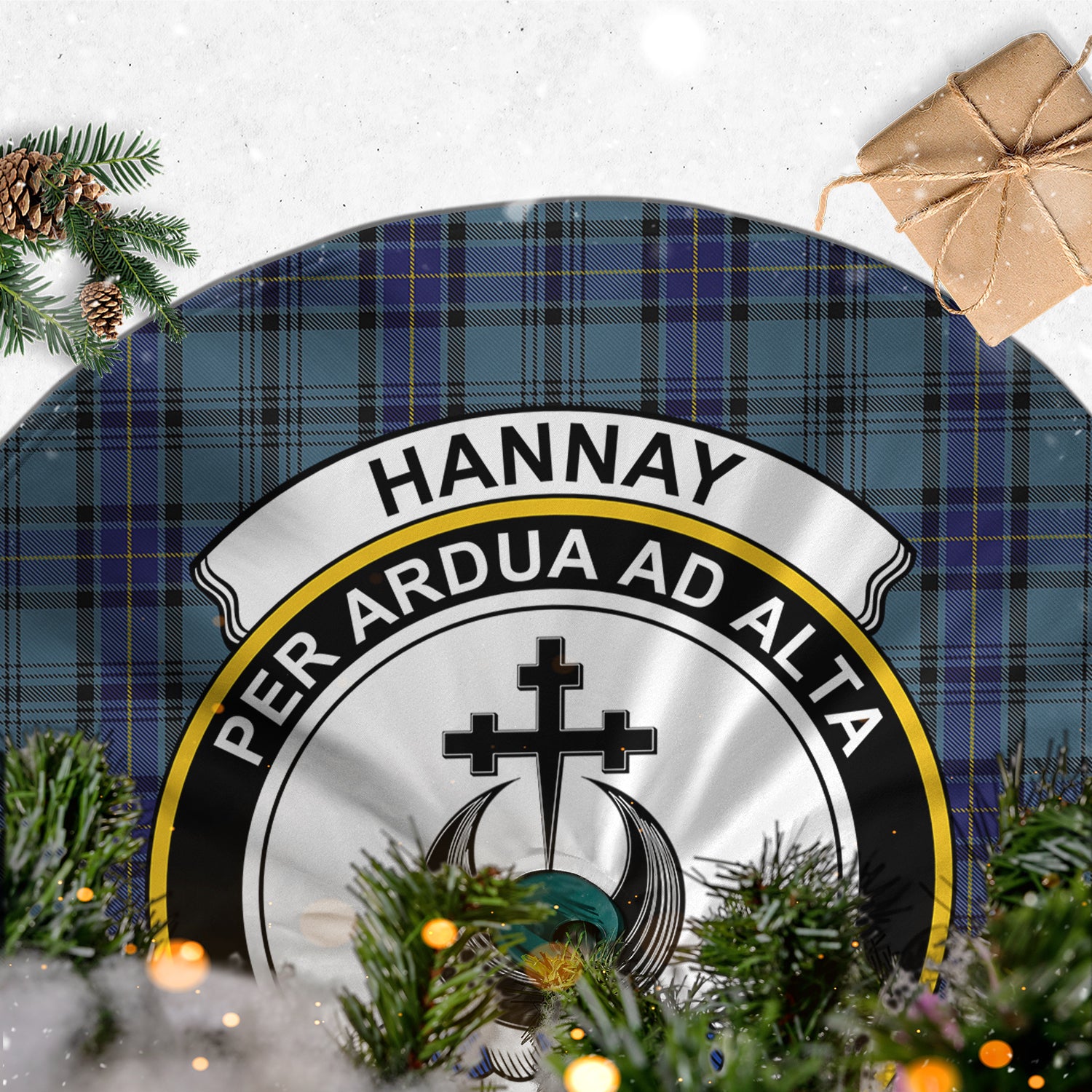 Hannay Blue Tartan Christmas Tree Skirt with Family Crest - Tartanvibesclothing