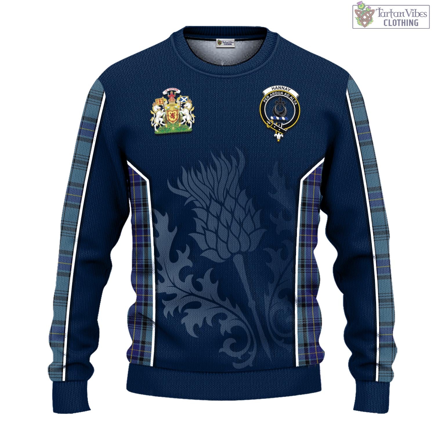 Tartan Vibes Clothing Hannay Blue Tartan Knitted Sweatshirt with Family Crest and Scottish Thistle Vibes Sport Style