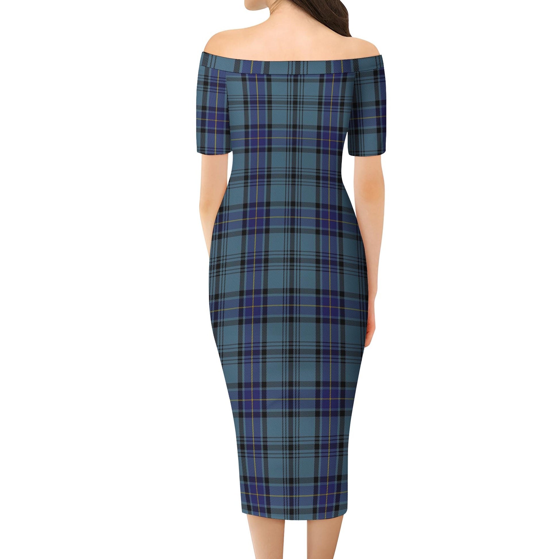 Hannay Blue Tartan Off Shoulder Lady Dress - Tartanvibesclothing