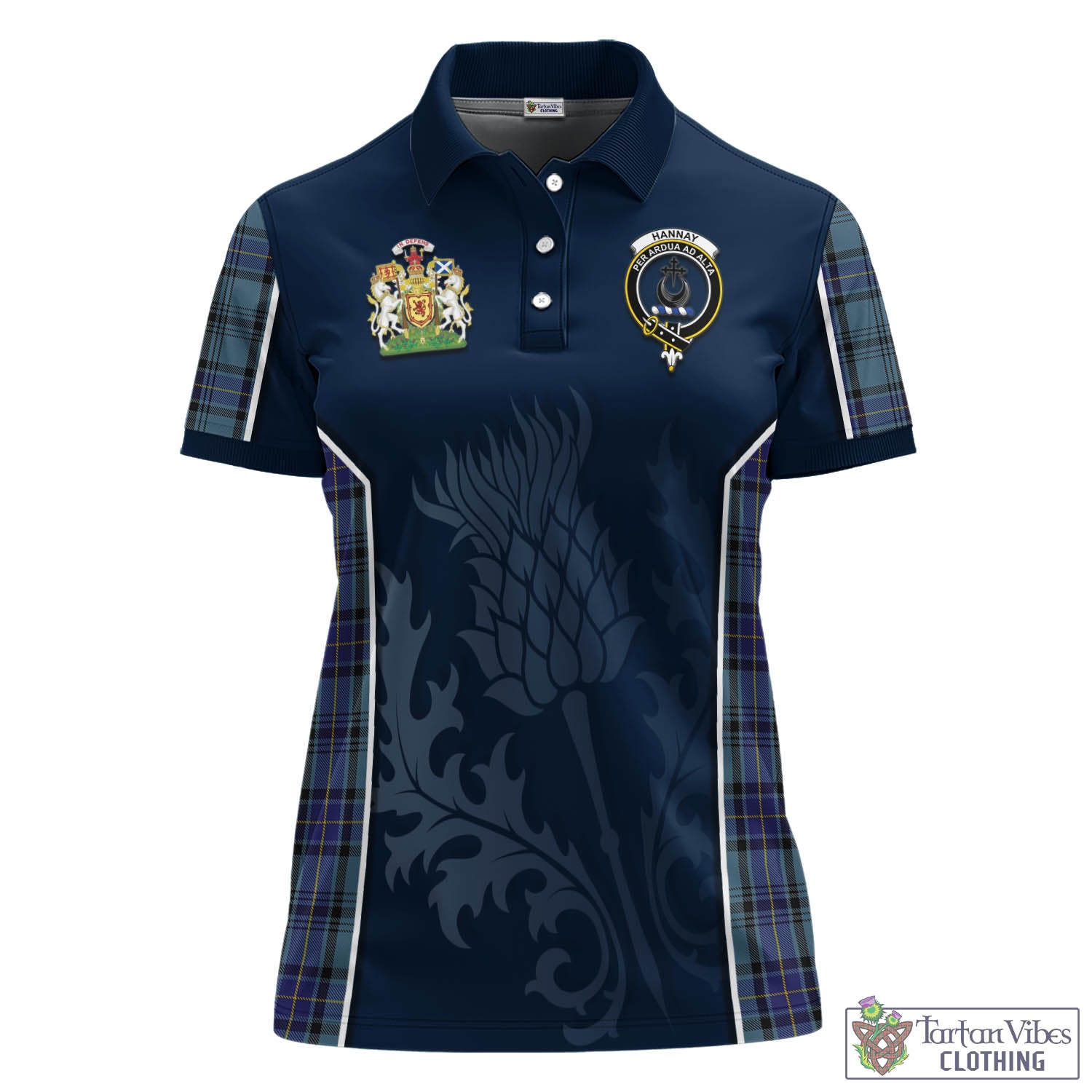 Tartan Vibes Clothing Hannay Blue Tartan Women's Polo Shirt with Family Crest and Scottish Thistle Vibes Sport Style